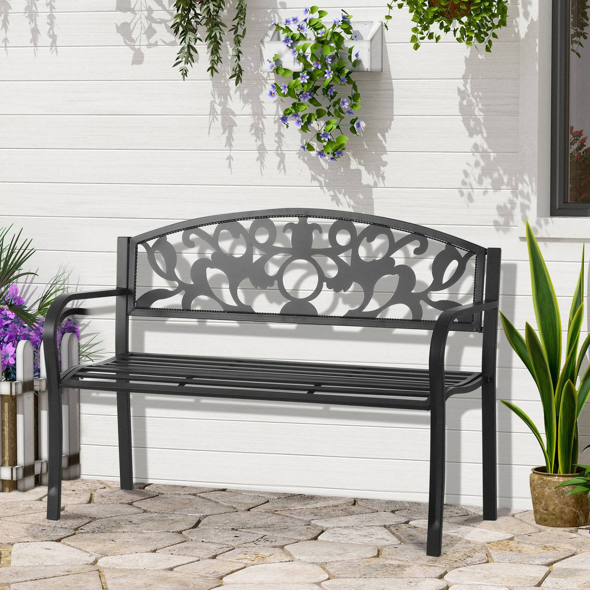 2-Seater Bench Garden Bench Metal Bench With Armrests Country House Style Metal Black 128 X 50 X 91 Cm