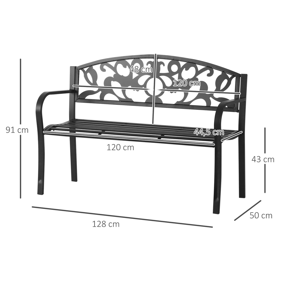2-Seater Bench Garden Bench Metal Bench With Armrests Country House Style Metal Black 128 X 50 X 91 Cm