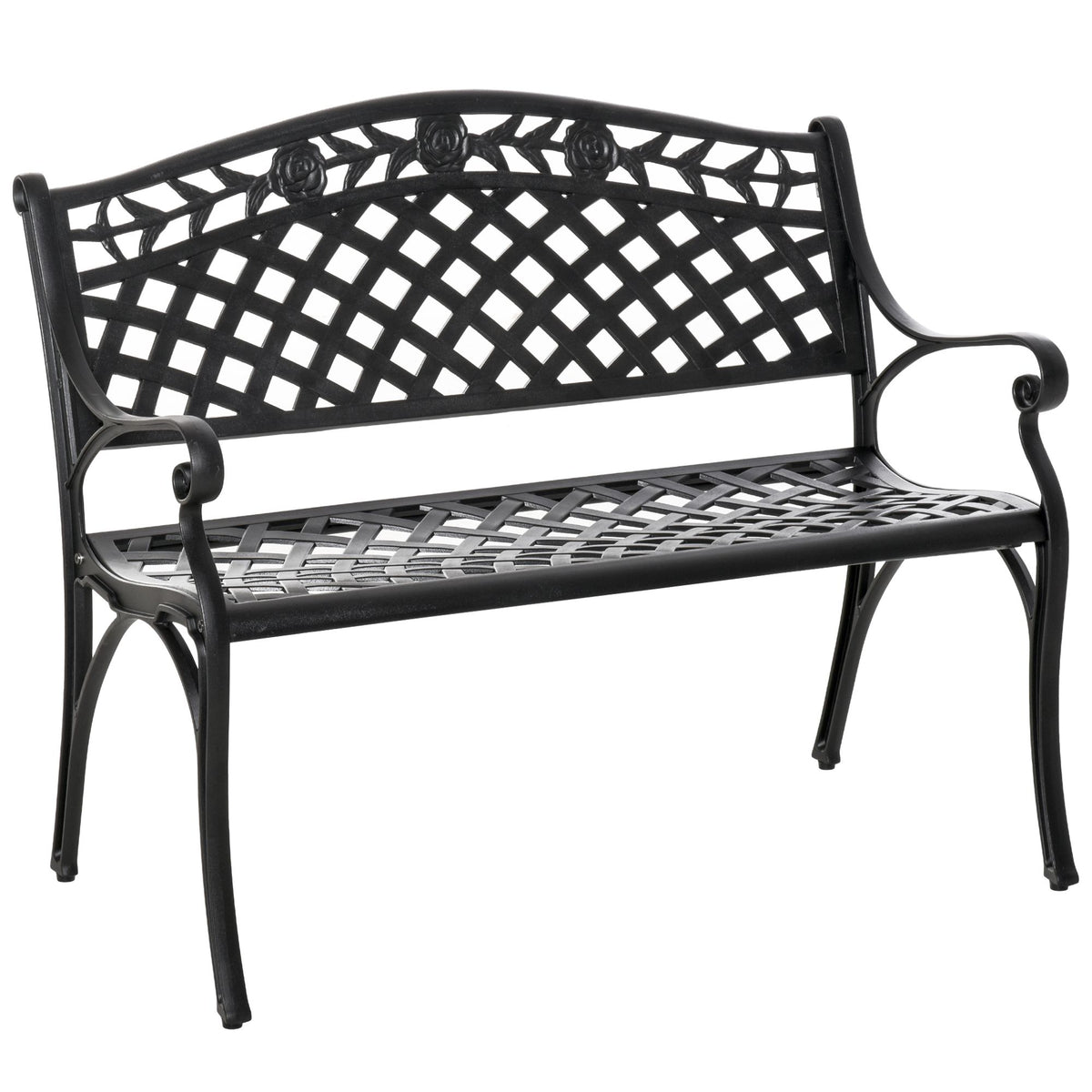 2-Seater Black Aluminum Garden Bench with Armrests