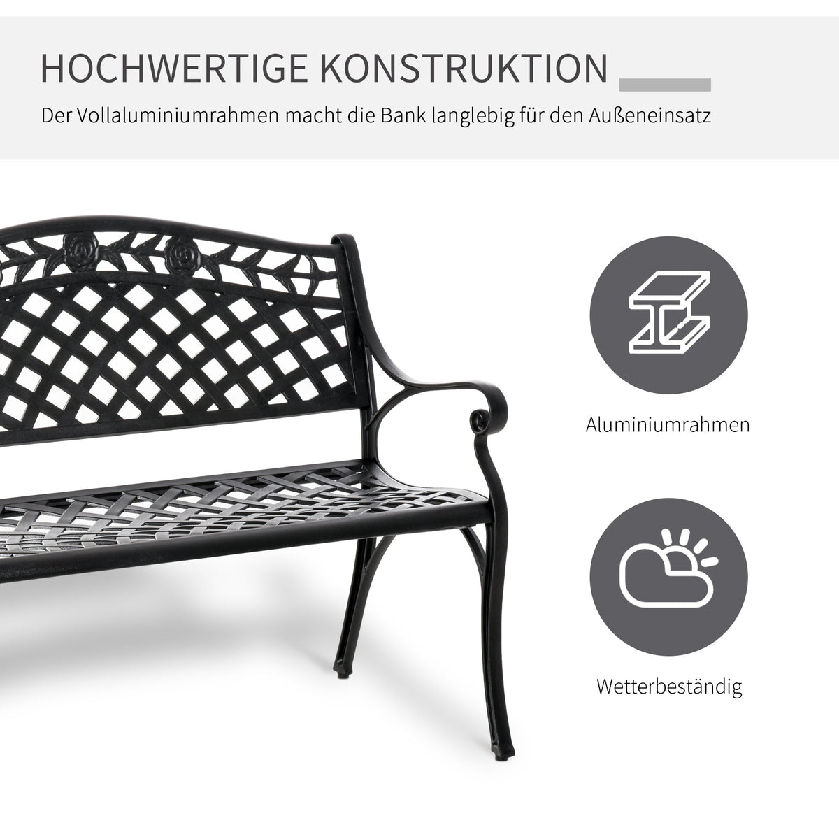 2-Seater Black Aluminum Garden Bench with Armrests