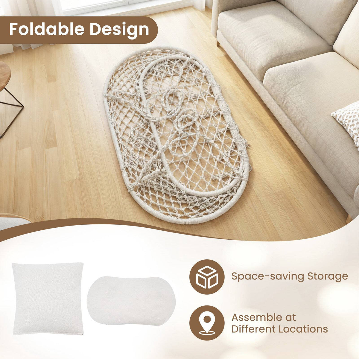 2-Seater Boho Hanging Chair with Cushions, Beige