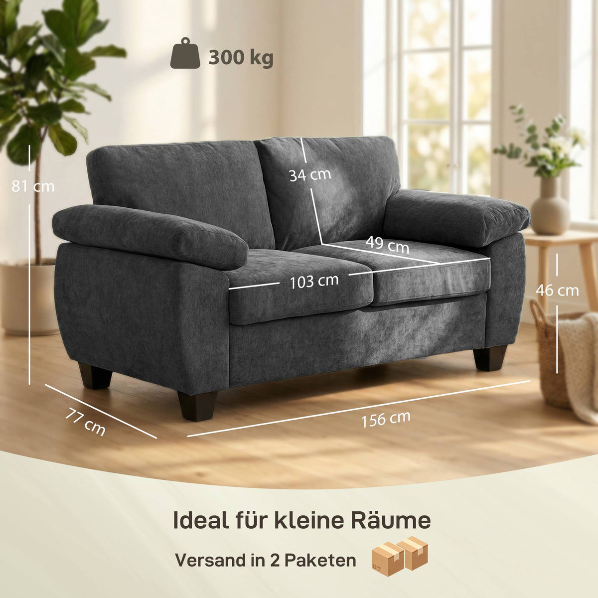 2-Seater Chenille Sofa, 156 cm, Dark Grey, 300 kg Capacity