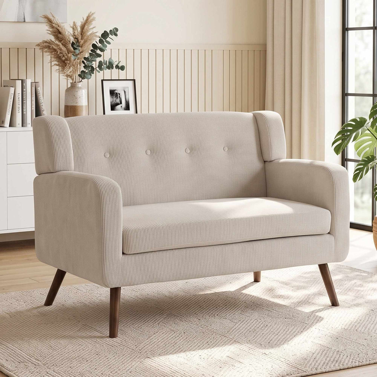2-Seater Cord Sofa, Button-Tufted, Wood Legs, Beige
