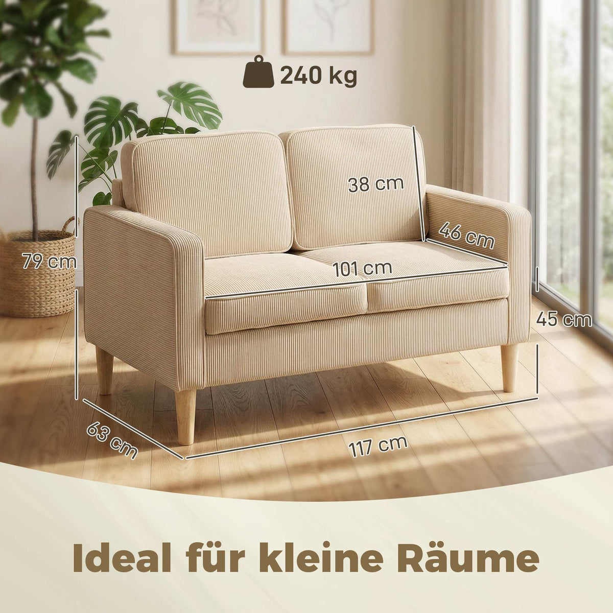 2-Seater Corduroy Sofa with Storage, Beige, 117 x 63 cm