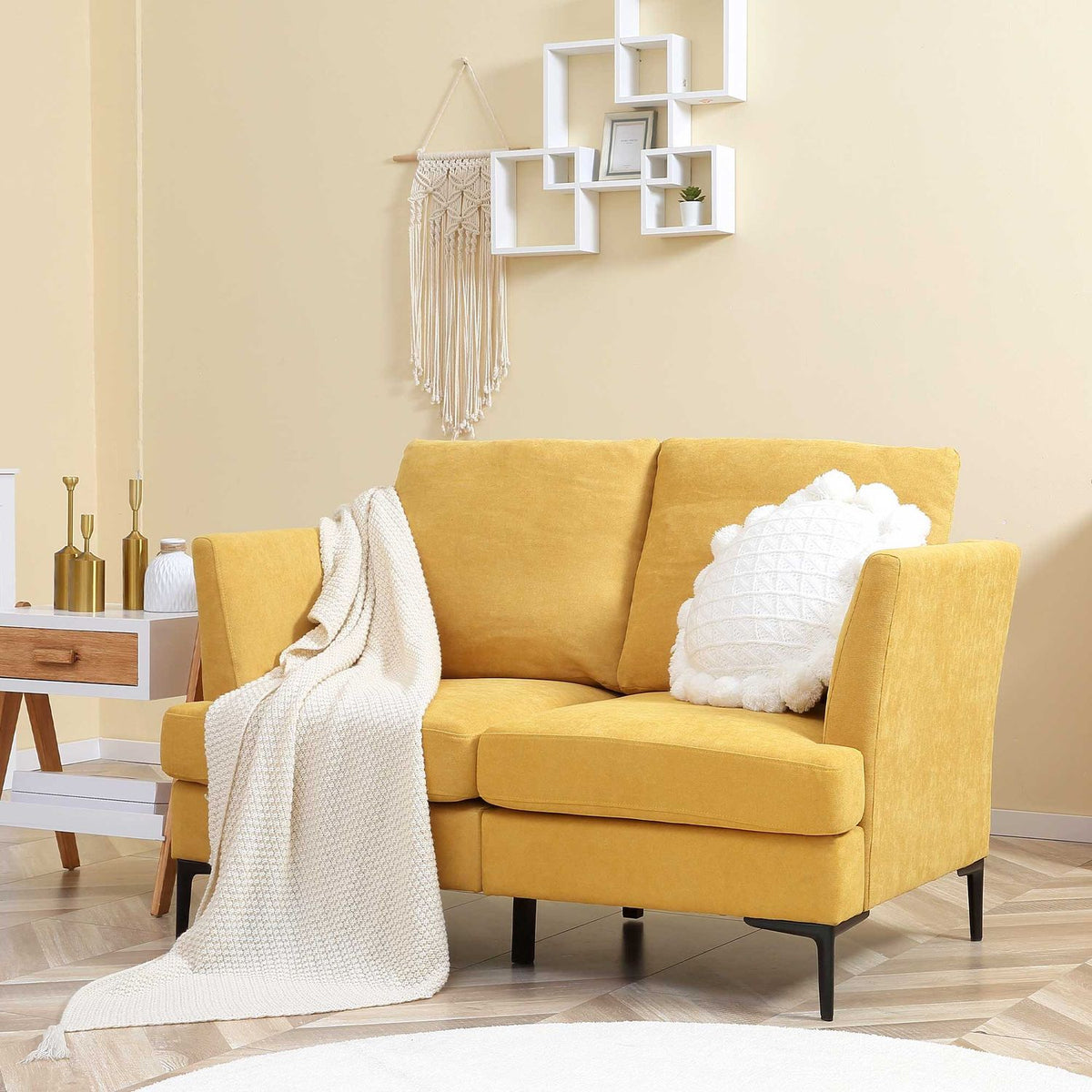 2-Seater Double Sofa In Linen Look, Loveseat In Retro Design, Up To 300 Kg, Yellow, 137X80X87Cm For Living Room