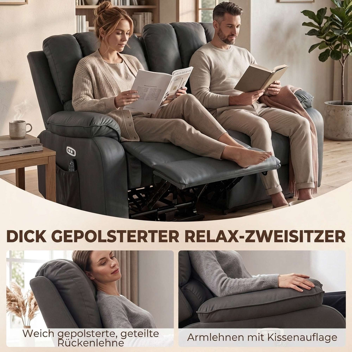 2-Seater Electric Recliner Sofa with Massage & Heat, USB Ports