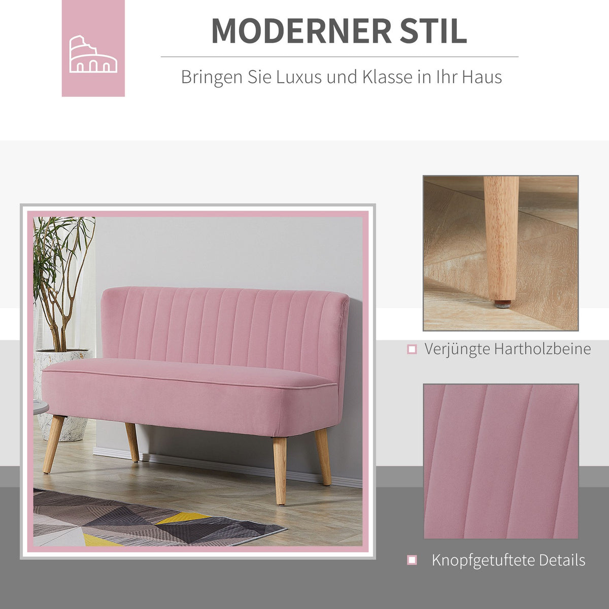 2-Seater Fabric Sofa, Upholstered Sofa, Double Sofa, Seating Furniture, Lounge Sofa, Wood, Foam, Velvet-Like Polyester, Pink, 117 X 56.5 X 77 Cm