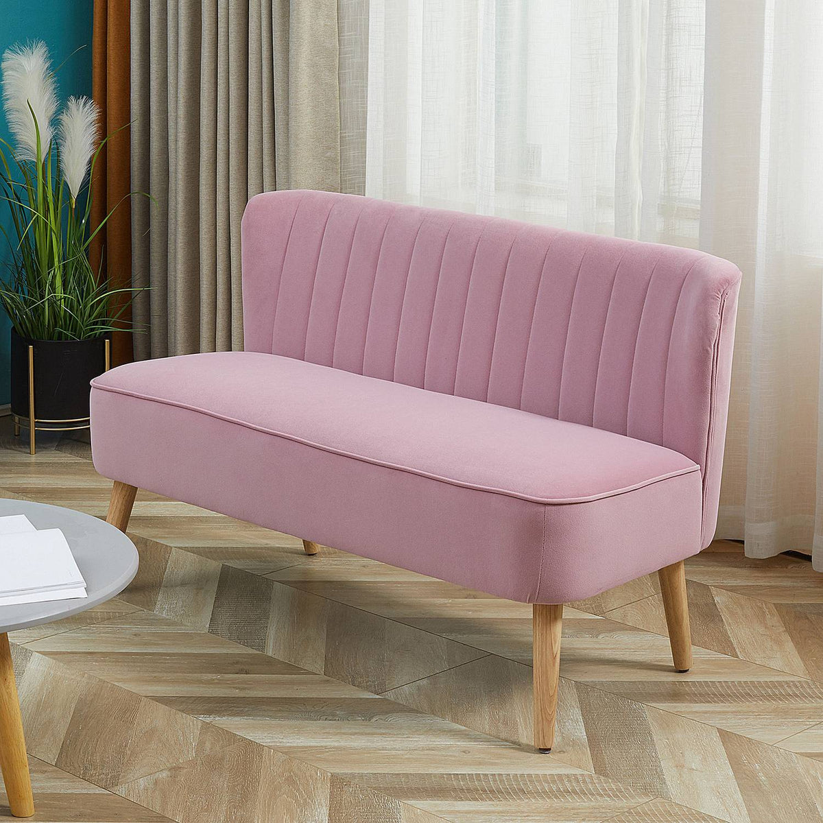 2-Seater Fabric Sofa, Upholstered Sofa, Double Sofa, Seating Furniture, Lounge Sofa, Wood, Foam, Velvet-Like Polyester, Pink, 117 X 56.5 X 77 Cm