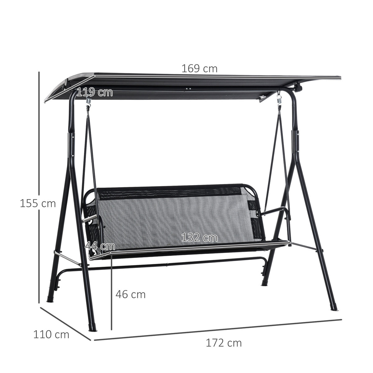 2-Seater Hollywood Swing Outdoor Garden Lounger Uv-Resistant High-Quality Metal Tube Angle-Adjustable Black
