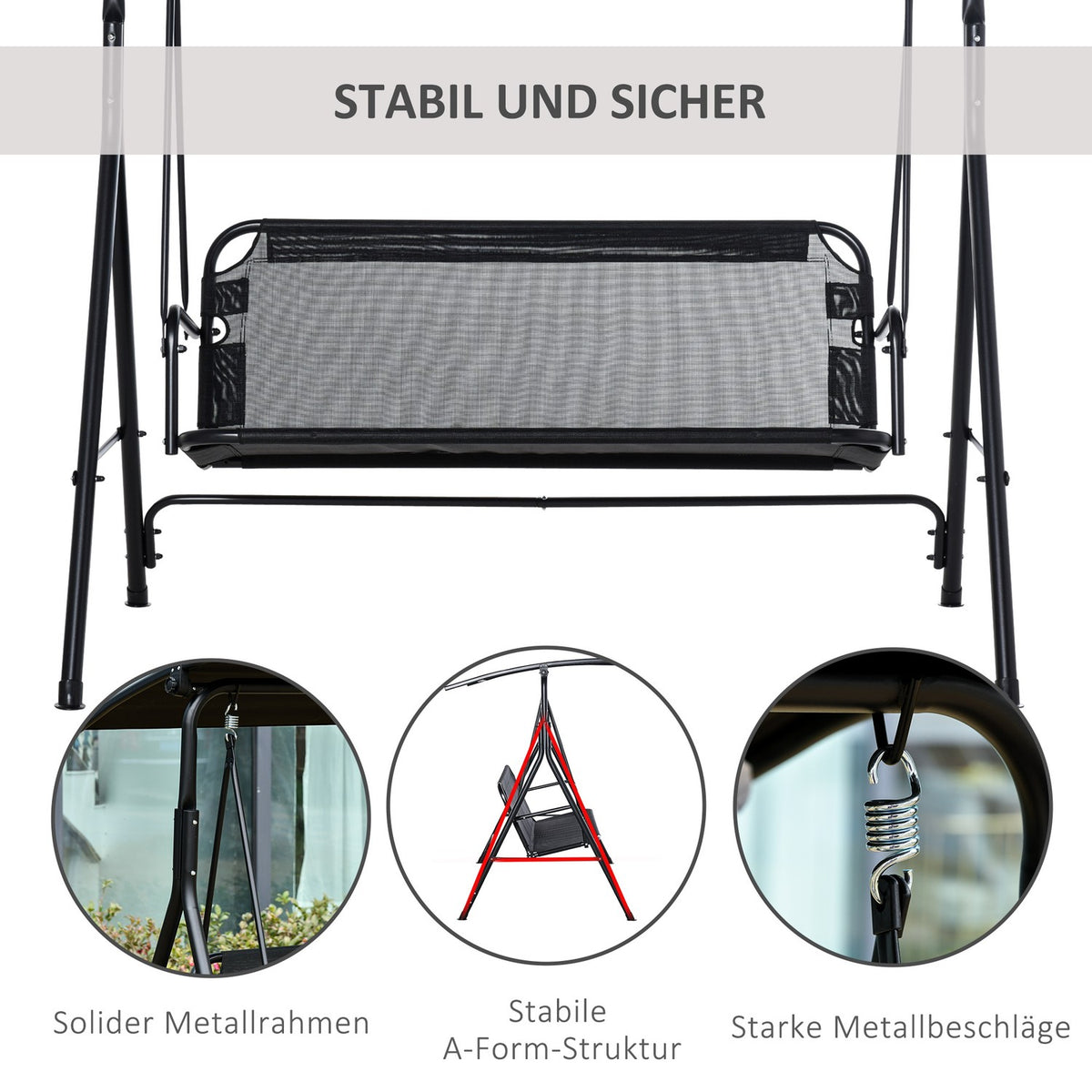 2-Seater Hollywood Swing Outdoor Garden Lounger Uv-Resistant High-Quality Metal Tube Angle-Adjustable Black