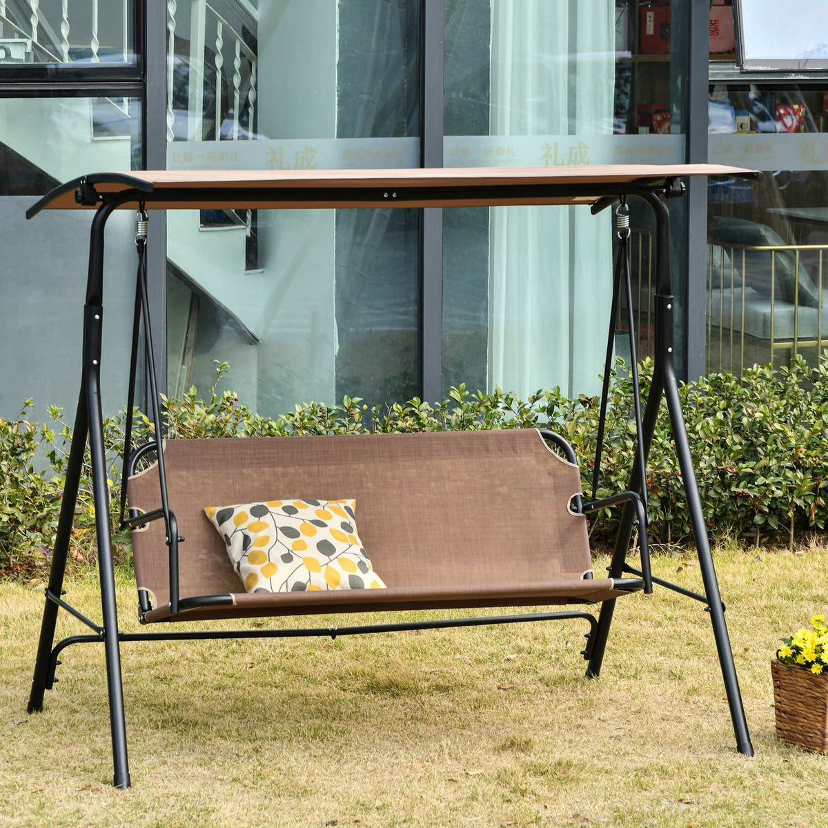 2-Seater Hollywood Swing Rocking Chair Outdoor Garden Lounger Uv-Resistant High-Quality Metal Tube Angle-Adjustable Brown