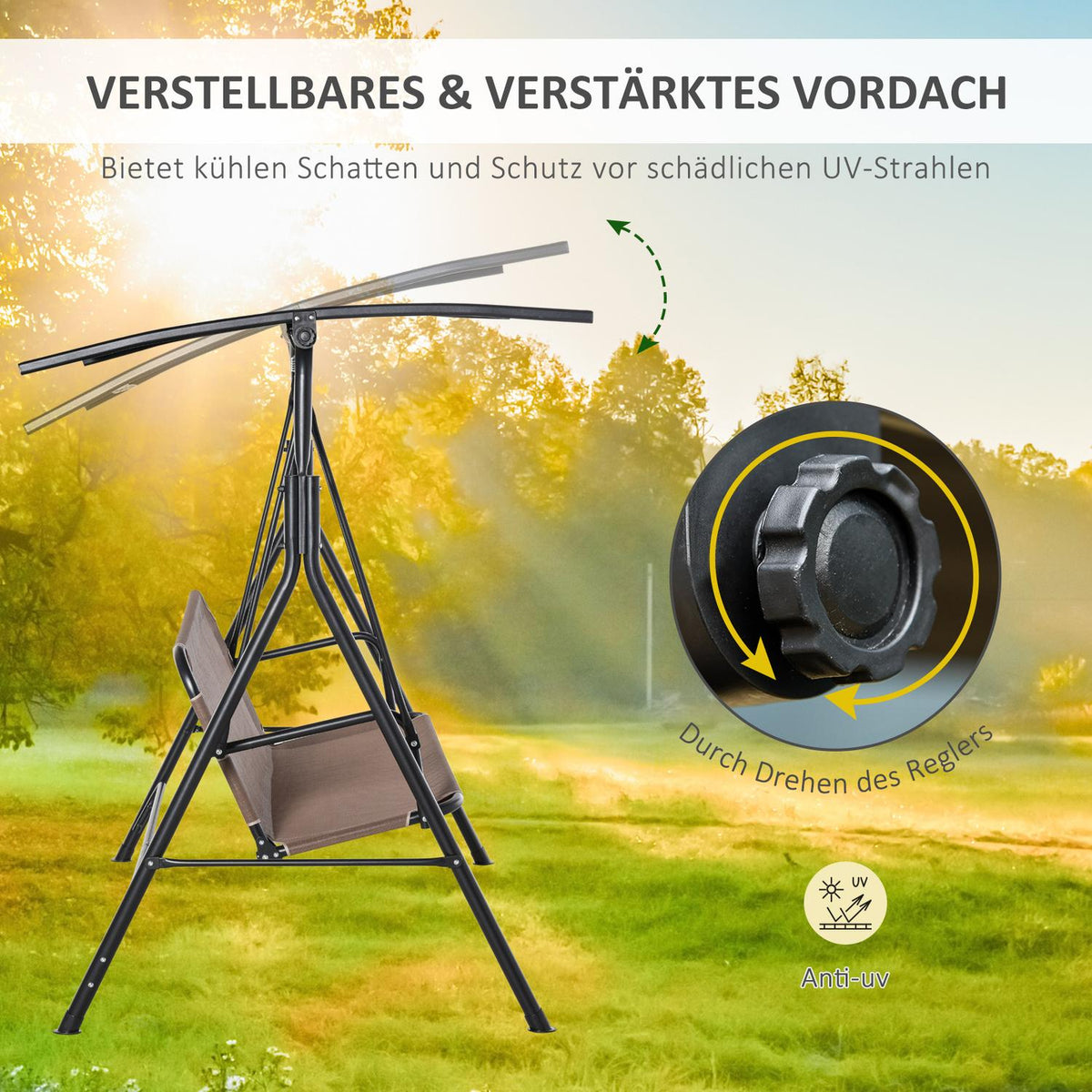 2-Seater Hollywood Swing Rocking Chair Outdoor Garden Lounger Uv-Resistant High-Quality Metal Tube Angle-Adjustable Brown