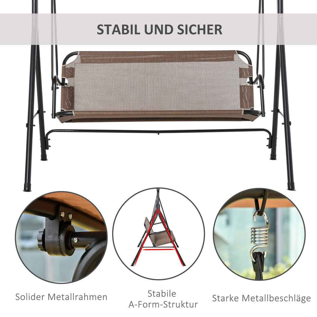 2-Seater Hollywood Swing Rocking Chair Outdoor Garden Lounger Uv-Resistant High-Quality Metal Tube Angle-Adjustable Brown