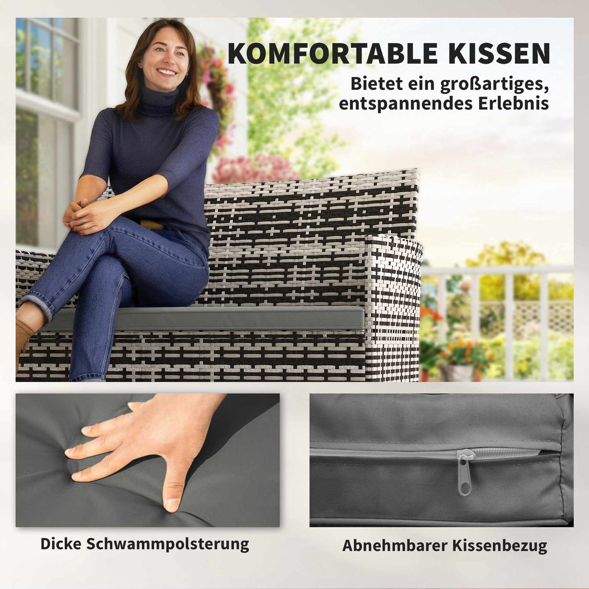 2-Seater Outdoor Rattan Sofa with Cushions, Dark Grey