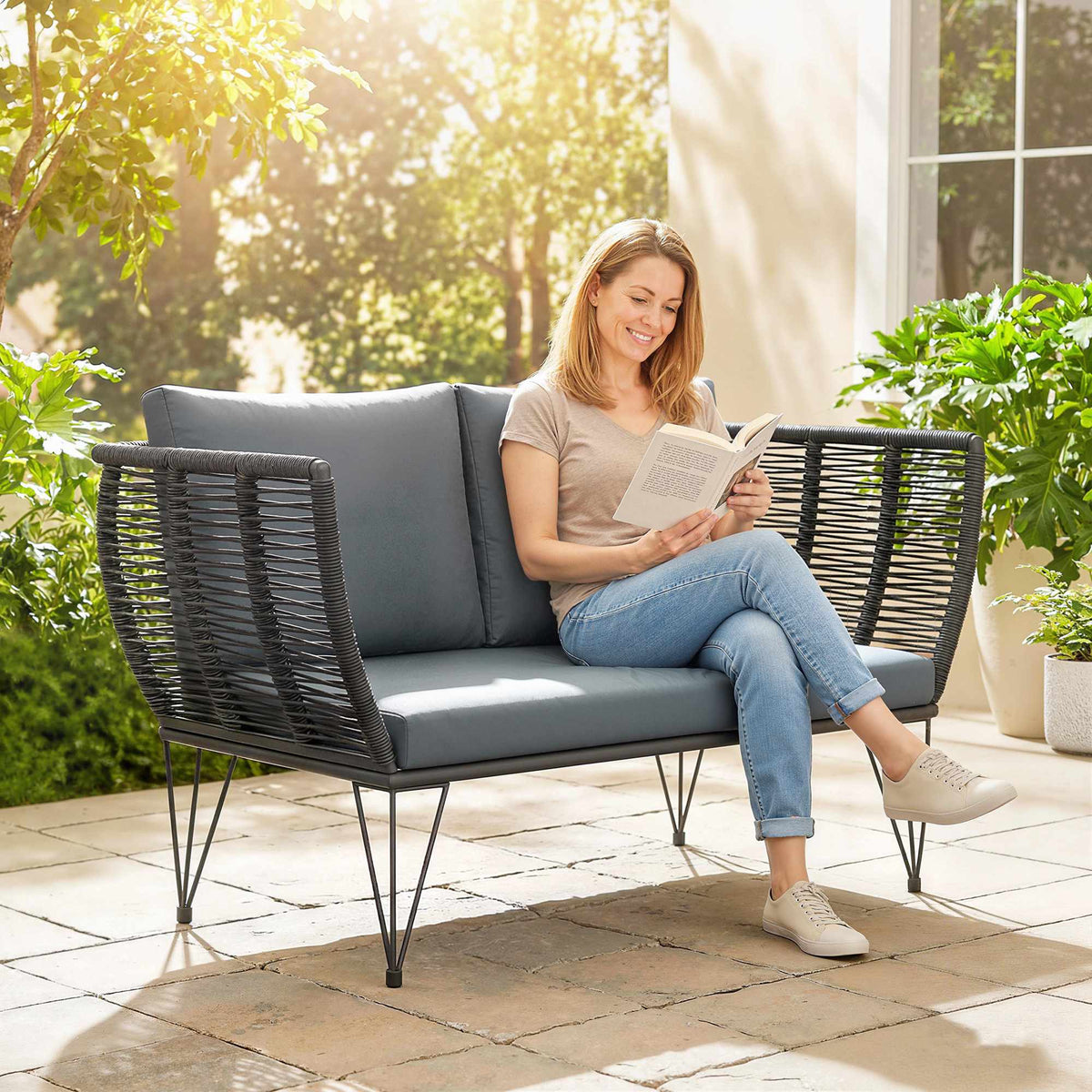 2-Seater Outdoor Rattan Sofa with Cushions, Light Grey