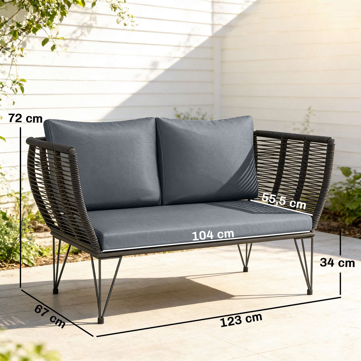 2-Seater Outdoor Rattan Sofa with Cushions, Light Grey