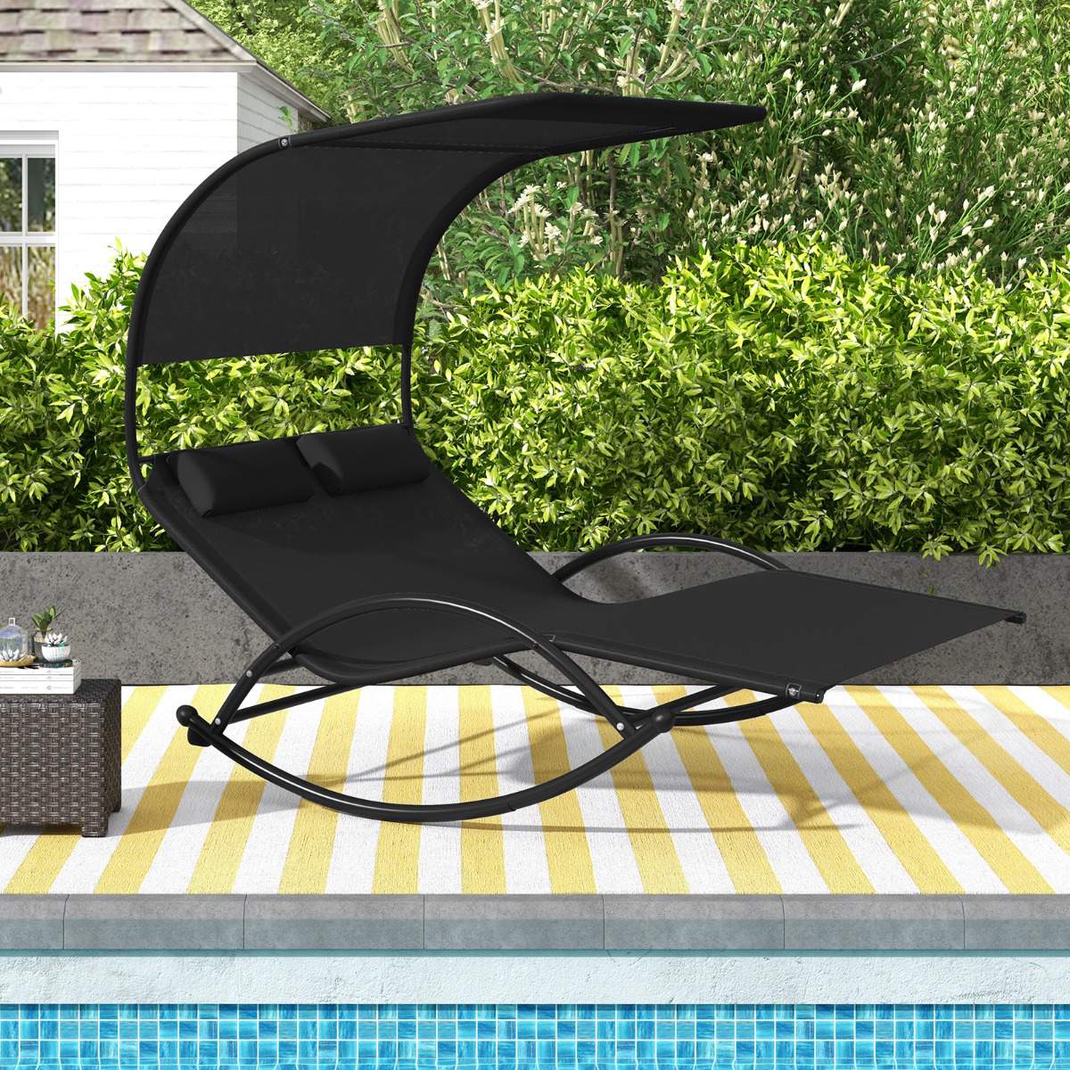 2-Seater Outdoor Swing Lounger With Canopy and Headrests, Black