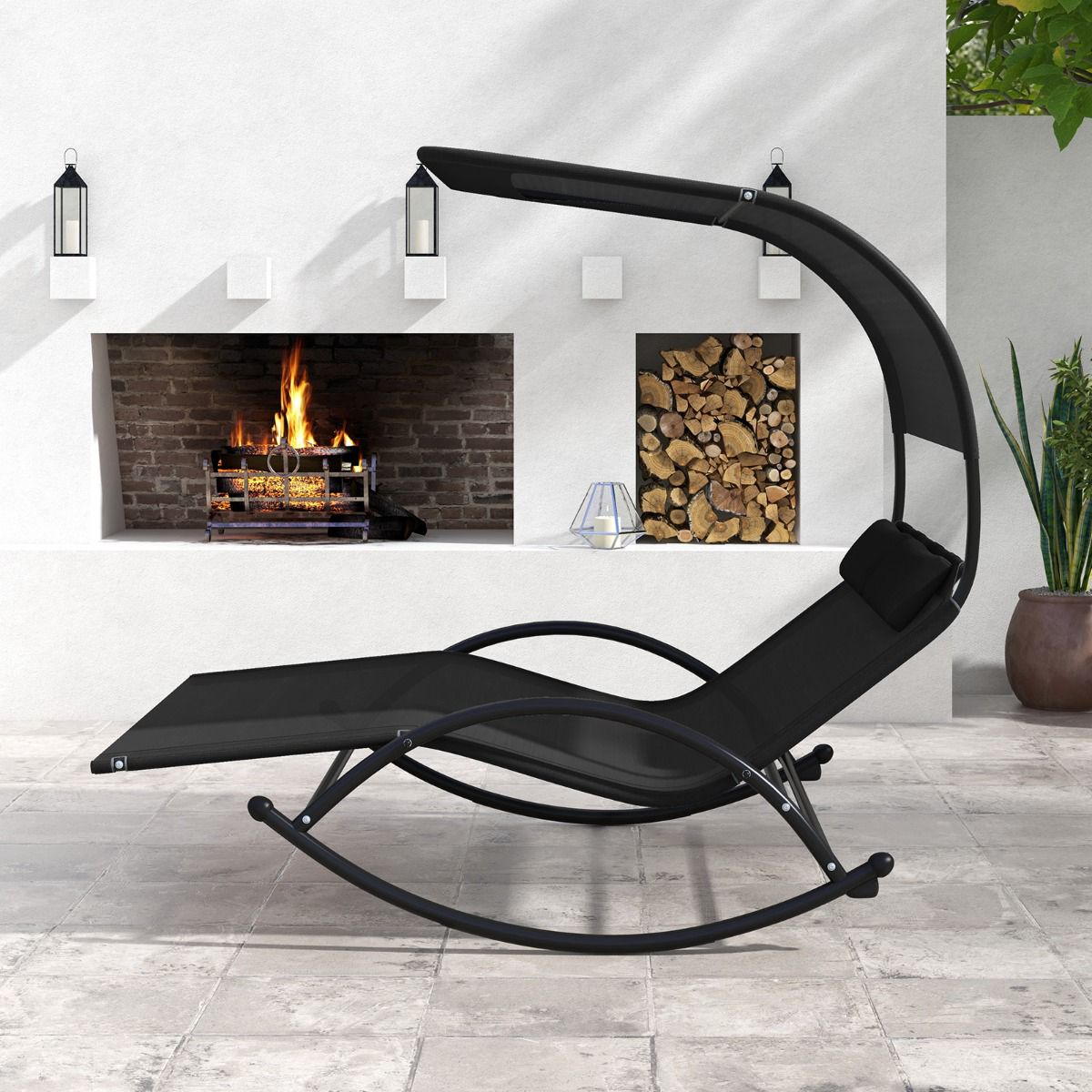 2-Seater Outdoor Swing Lounger With Canopy and Headrests, Black