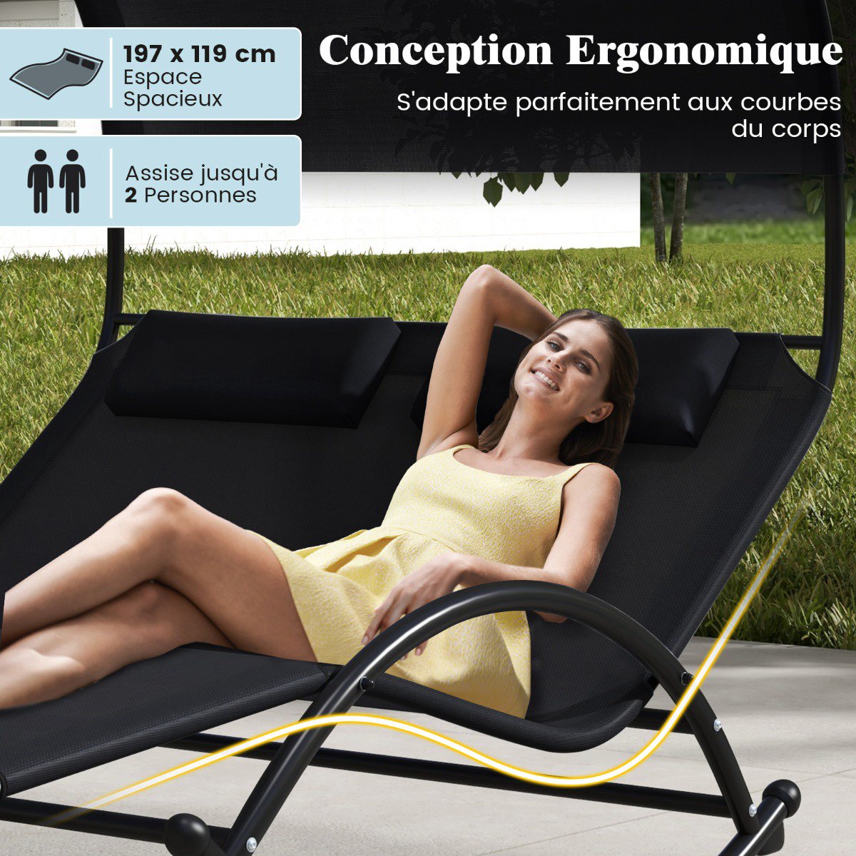 2-Seater Outdoor Swing Lounger With Canopy and Headrests, Black