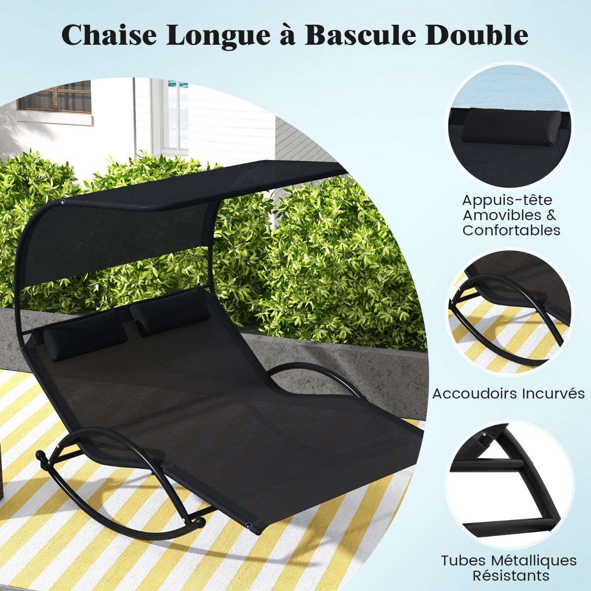 2-Seater Outdoor Swing Lounger With Canopy and Headrests, Black