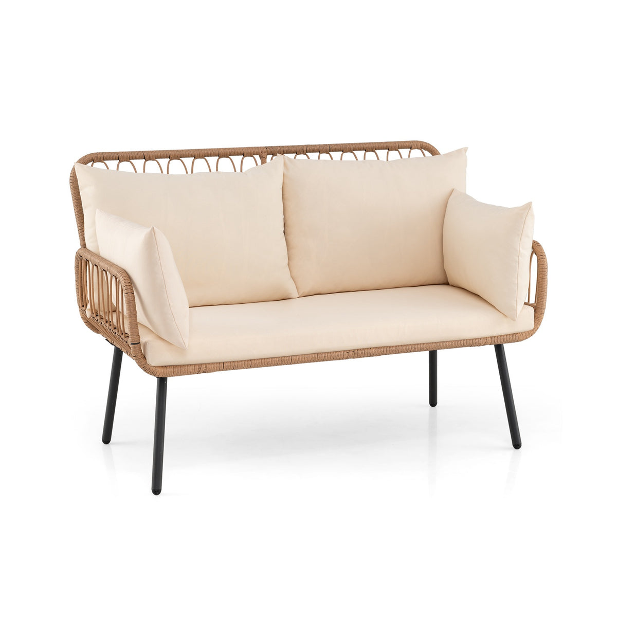 2-Seater PE Rattan Outdoor Sofa With Cushions, Beige