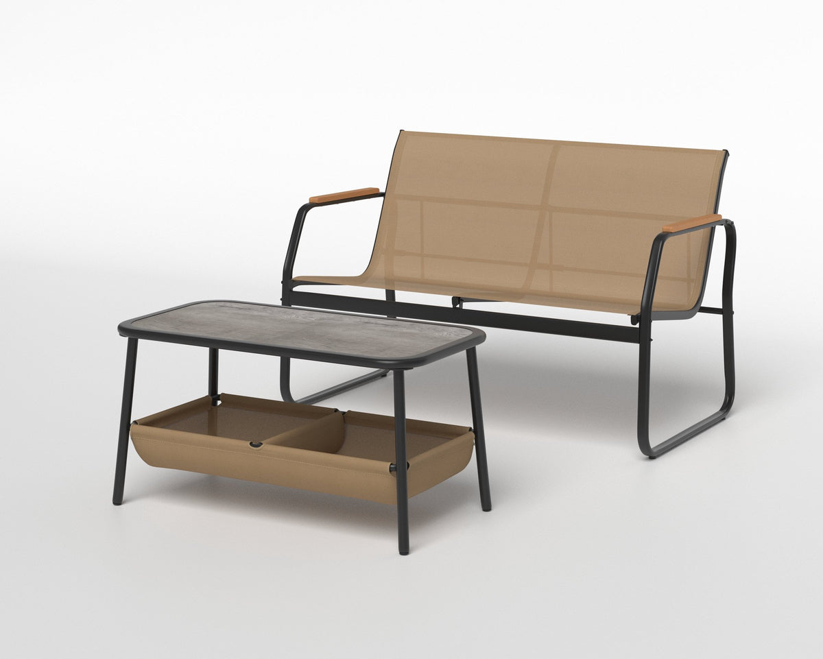 2-Seater Patio Bench Set – Coffee Table With Storage