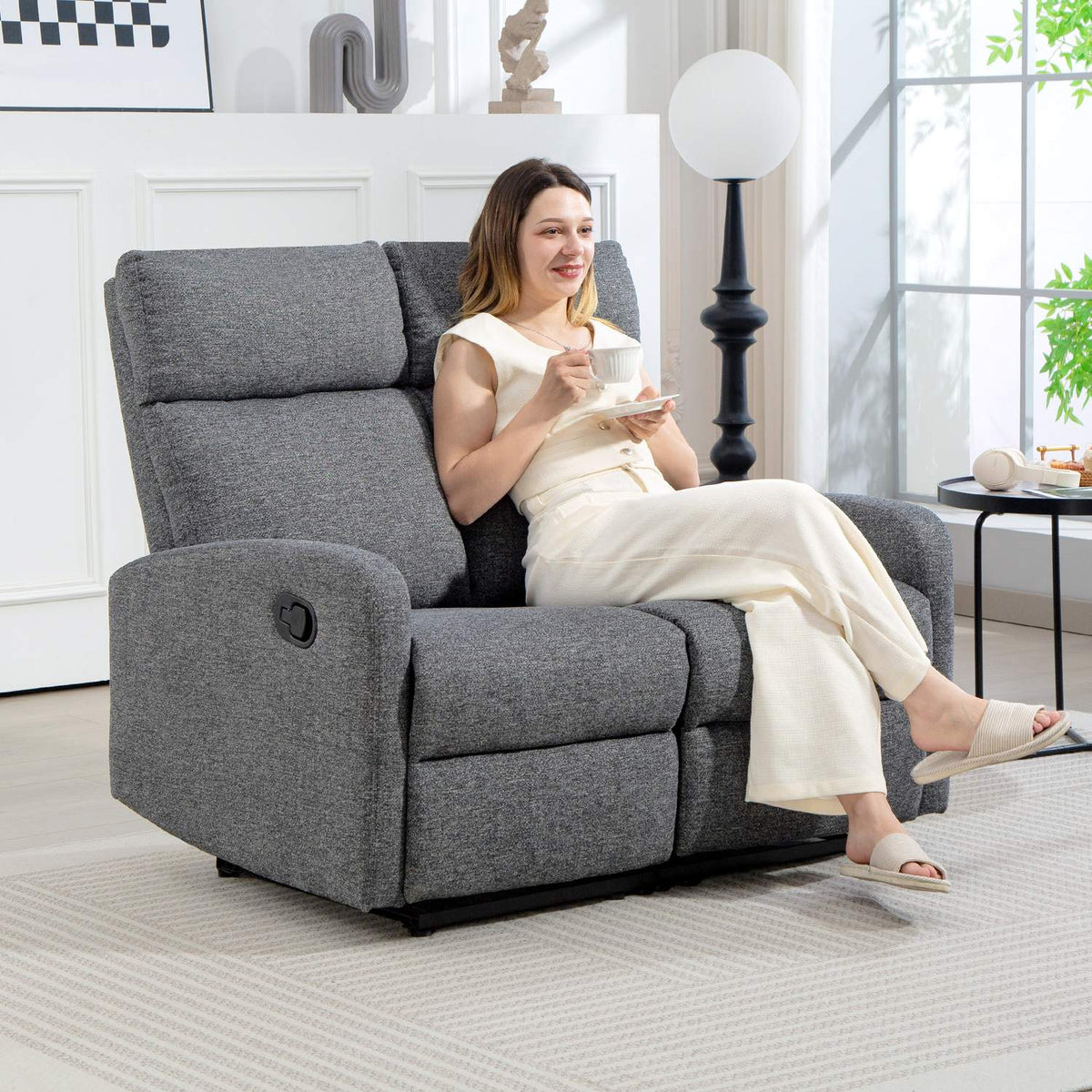 2-Seater Recliner Sofa, Adjustable Backrests, Grey Fabric