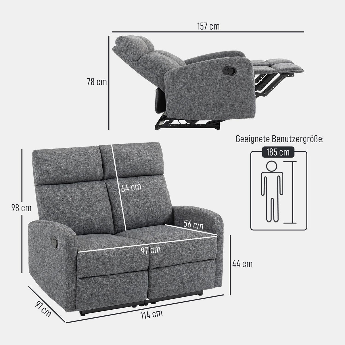 2-Seater Recliner Sofa, Adjustable Backrests, Grey Fabric