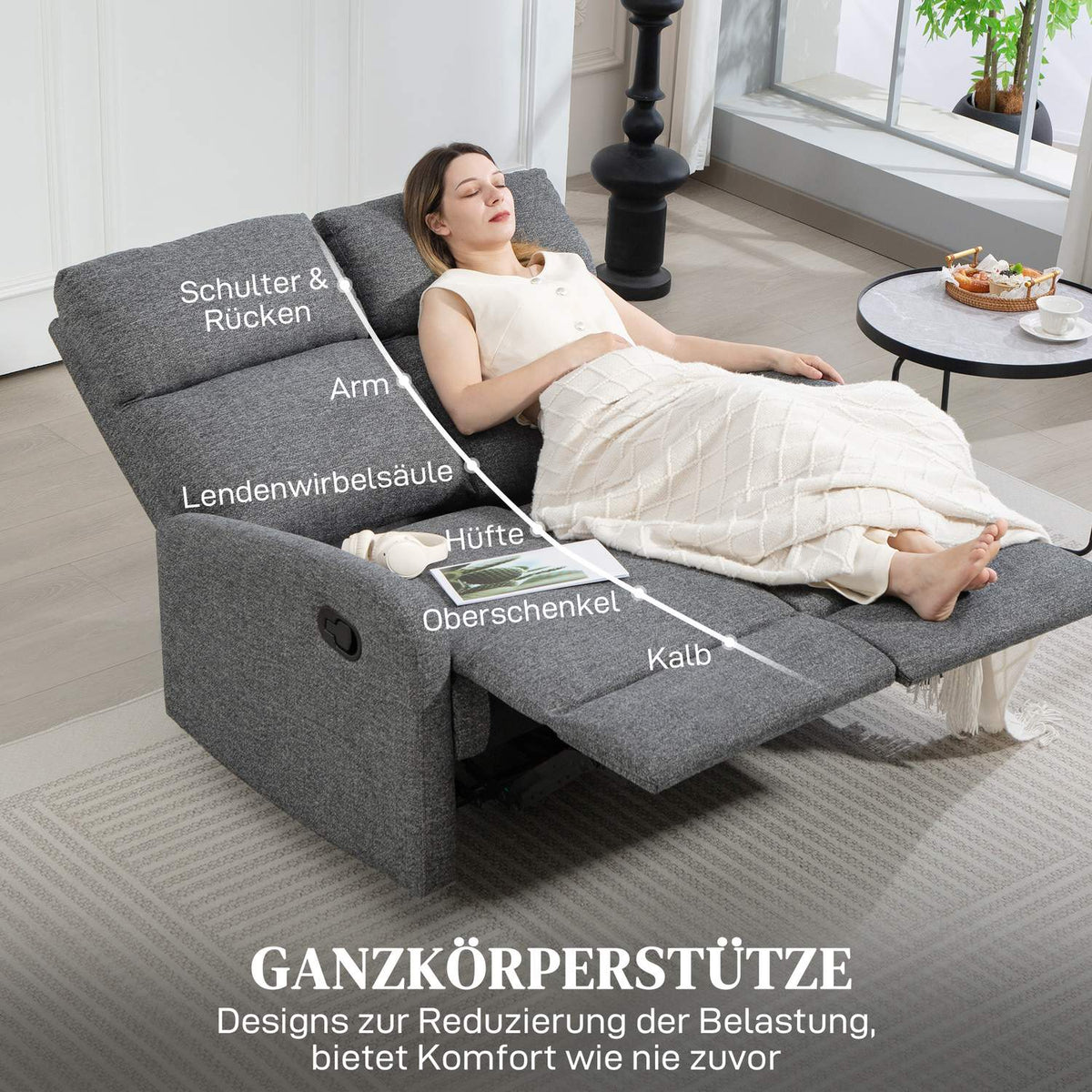 2-Seater Recliner Sofa, Adjustable Backrests, Grey Fabric