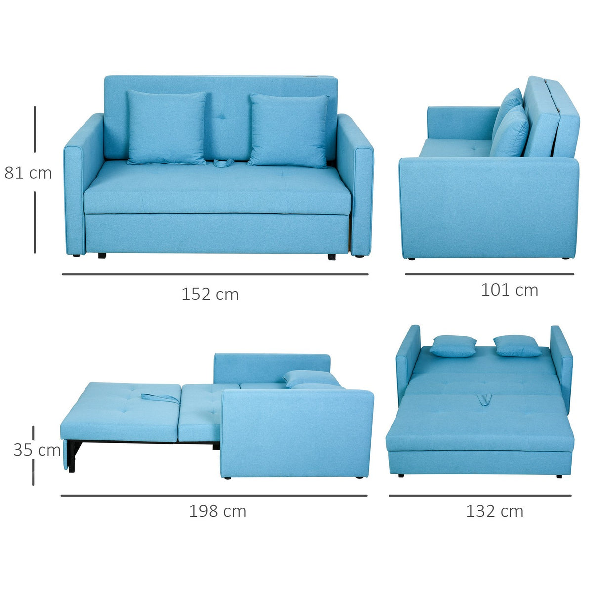 2-Seater Sofa Bed With Bed Function, Storage Space, For Living Room, Polycotton, Wood, Light Gray