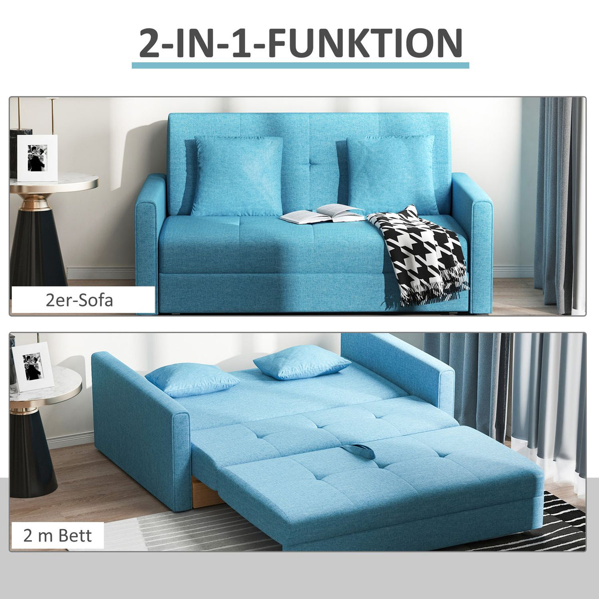 2-Seater Sofa Bed With Bed Function, Storage Space, For Living Room, Polycotton, Wood, Light Gray