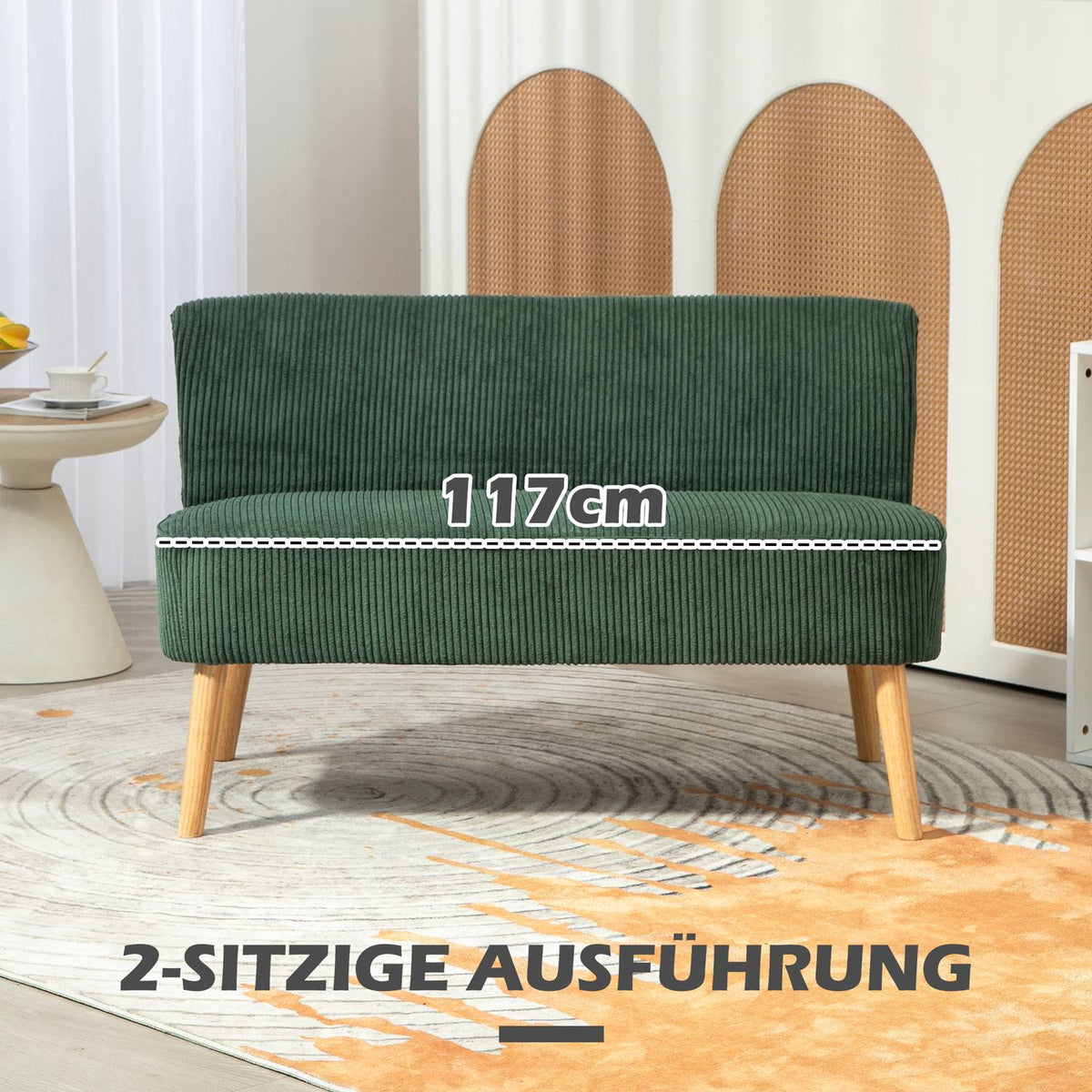 2 Seater Sofa, Corduroy Look Couch, Wooden Legs, Padded Upholstered Sofa, Double Sofa for Living Room, Bedroom, 117 x 56.5 x 77 cm, Green |