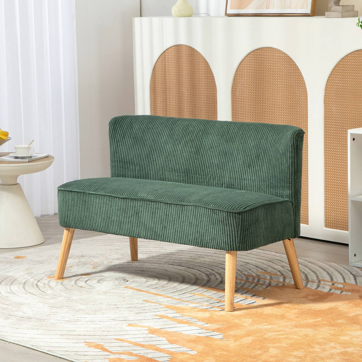 2 Seater Sofa, Corduroy Look Couch, Wooden Legs, Padded Upholstered Sofa, Double Sofa for Living Room, Bedroom, 117 x 56.5 x 77 cm, Green |