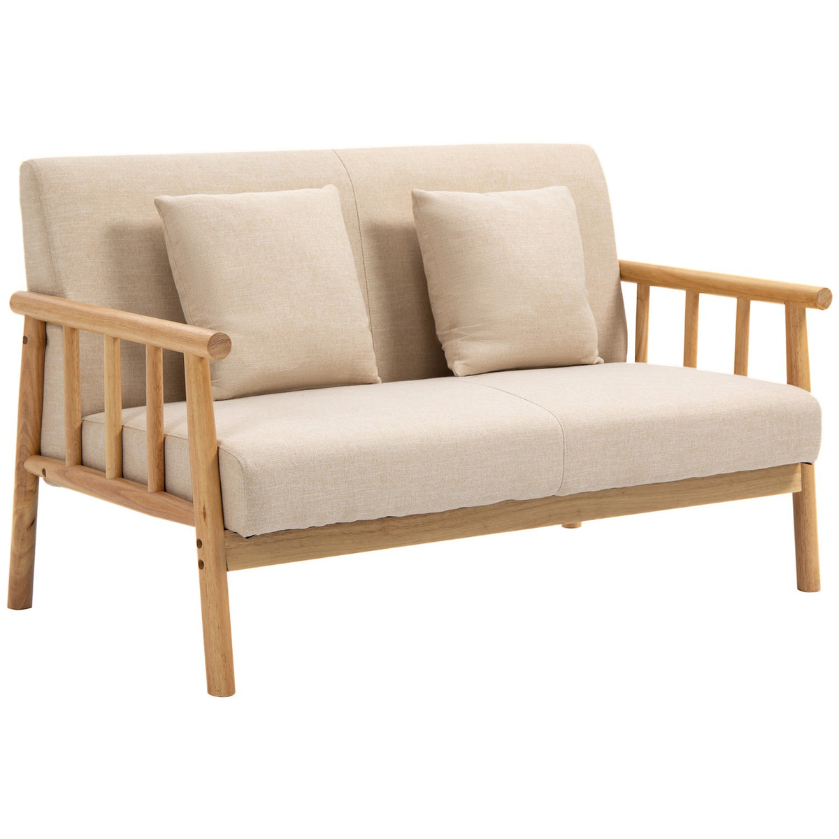 2 Seater Sofa Couch 2 Lumbar Cushions Padded Wooden Frame Linen Look Double Sofa Small Rooms Beige