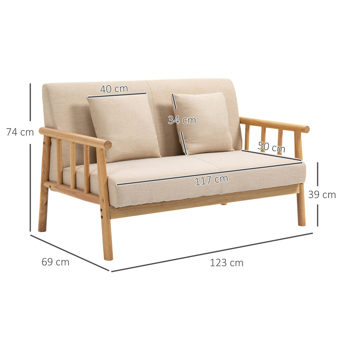 2 Seater Sofa Couch 2 Lumbar Cushions Padded Wooden Frame Linen Look Double Sofa Small Rooms Beige