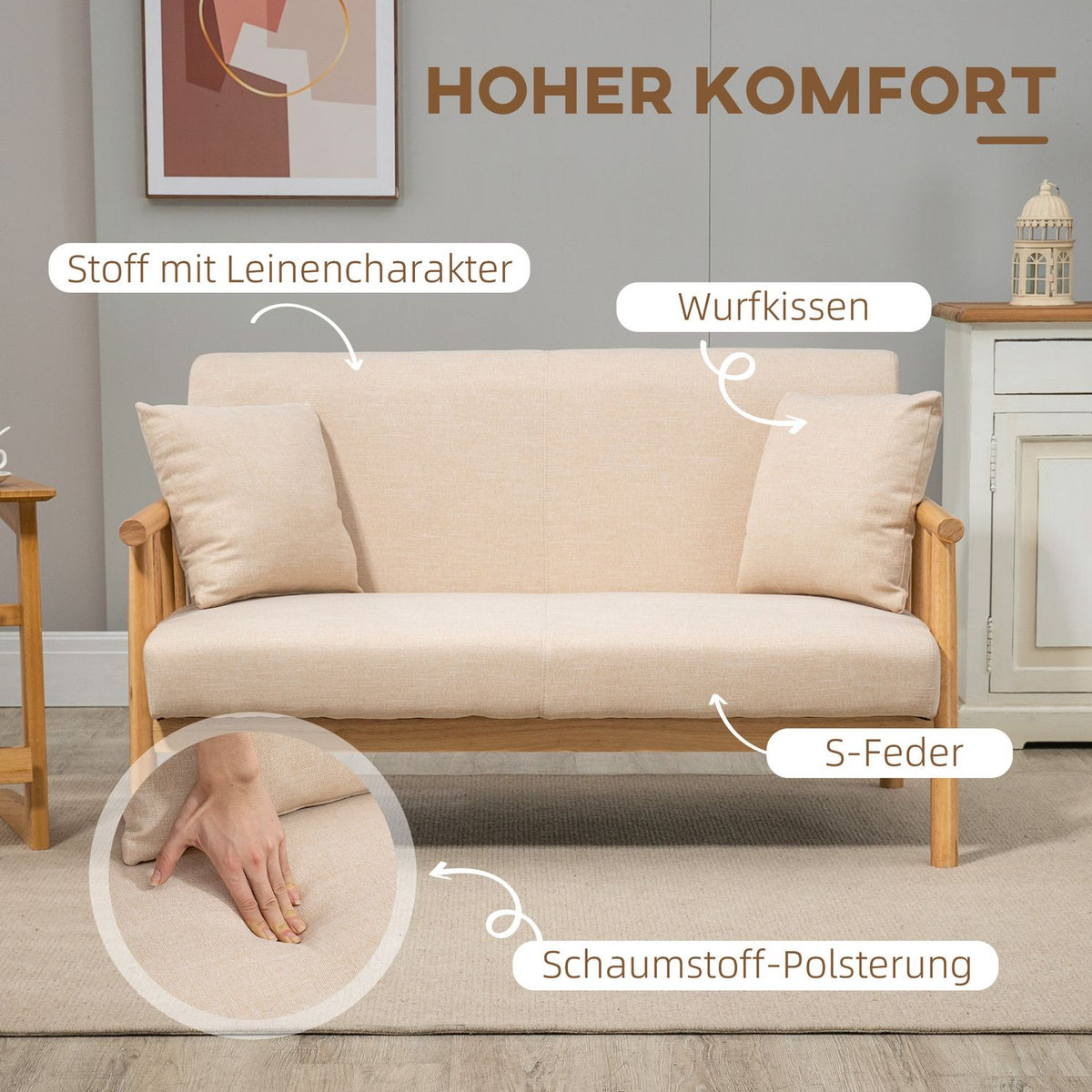 2 Seater Sofa Couch 2 Lumbar Cushions Padded Wooden Frame Linen Look Double Sofa Small Rooms Beige