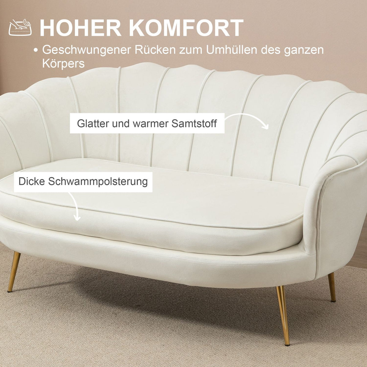 2 Seater Sofa Couch Upholstered Sofa Loveseat Armrest Velvet Up To 150Kg Living Room Bedroom Cream 130X77X77Cm