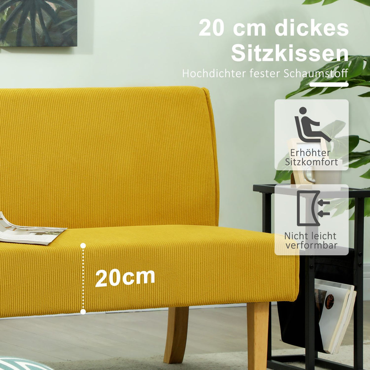 2 Seater Sofa, Couch with Corduroy Look, Wooden Legs, Padded Upholstered Sofa, Double Sofa for Bedroom, Living Room, 110 x 62 x 85 cm, Yellow