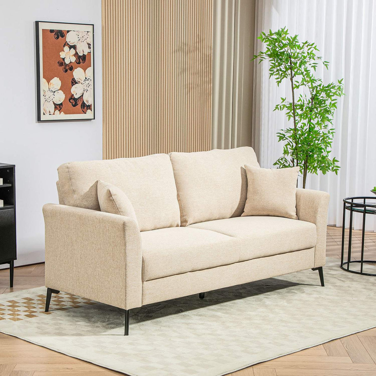 2 Seater Sofa, Couch with Linen Look, Metal Legs, Upholstered Sofa, Padded Double Sofa for Living Room, Bedroom, 179 x 80 x 89 cm, Beige