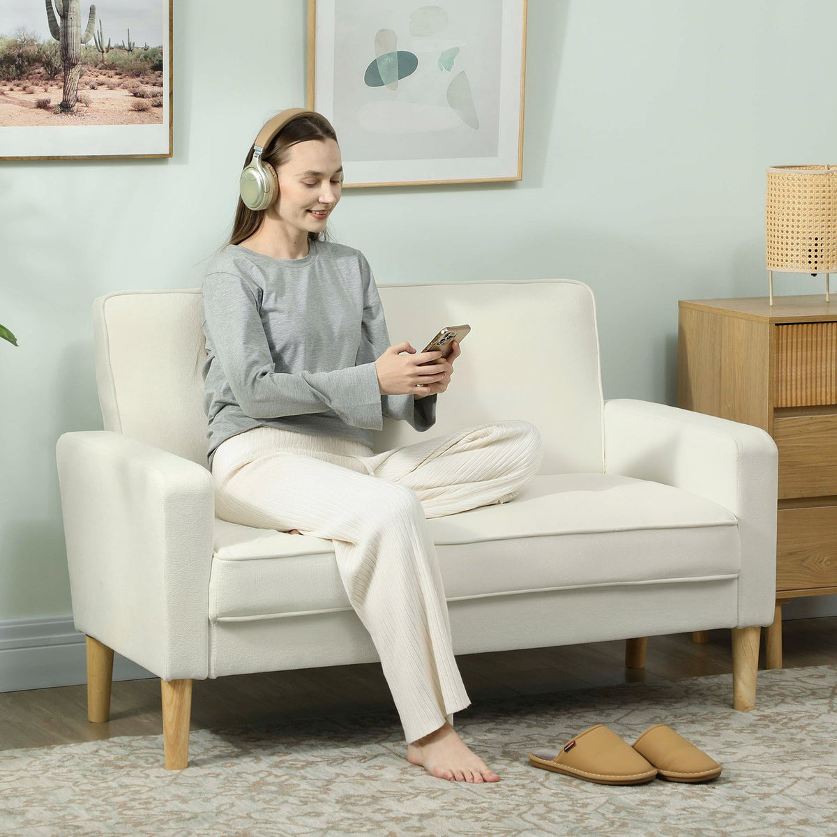 2-Seater Sofa, Cream White, Rubberwood Legs, Velvet-Look Fabric