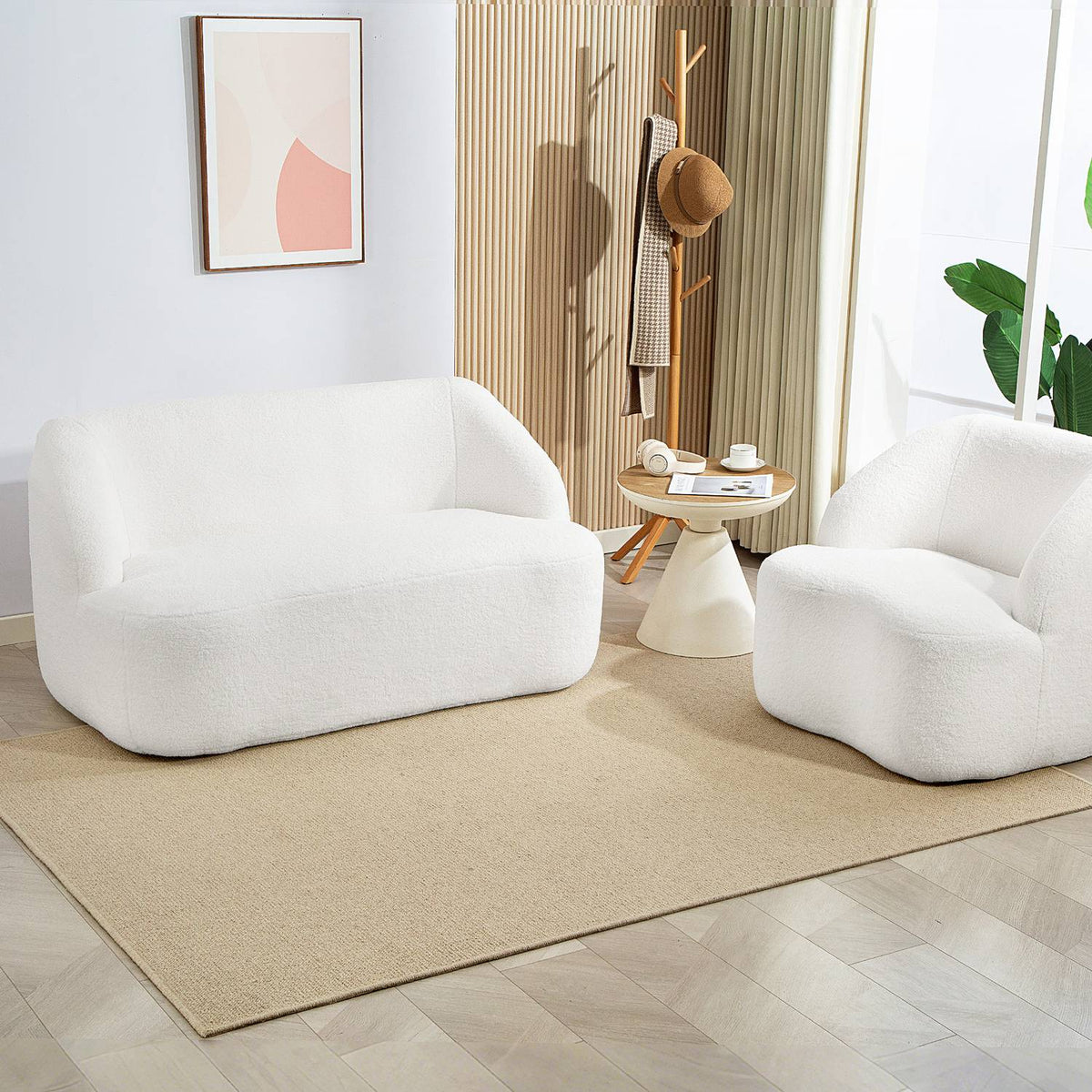 2-Seater Sofa, Curved Design, Fleece Upholstery, Cream White