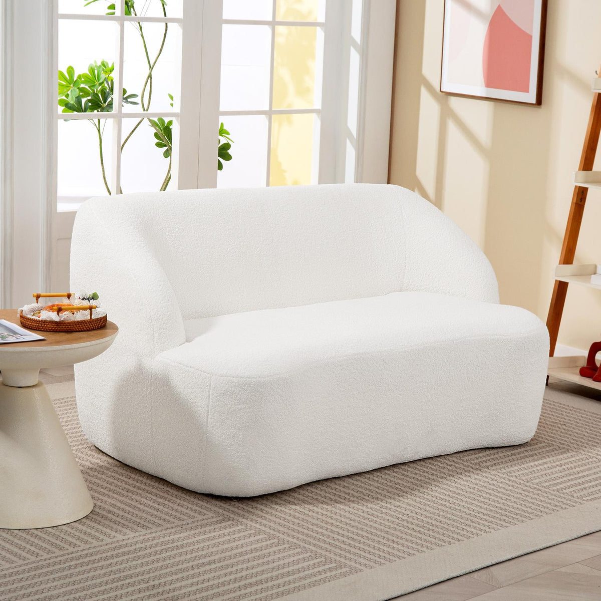 2-Seater Sofa, Curved Design, Fleece Upholstery, Cream White