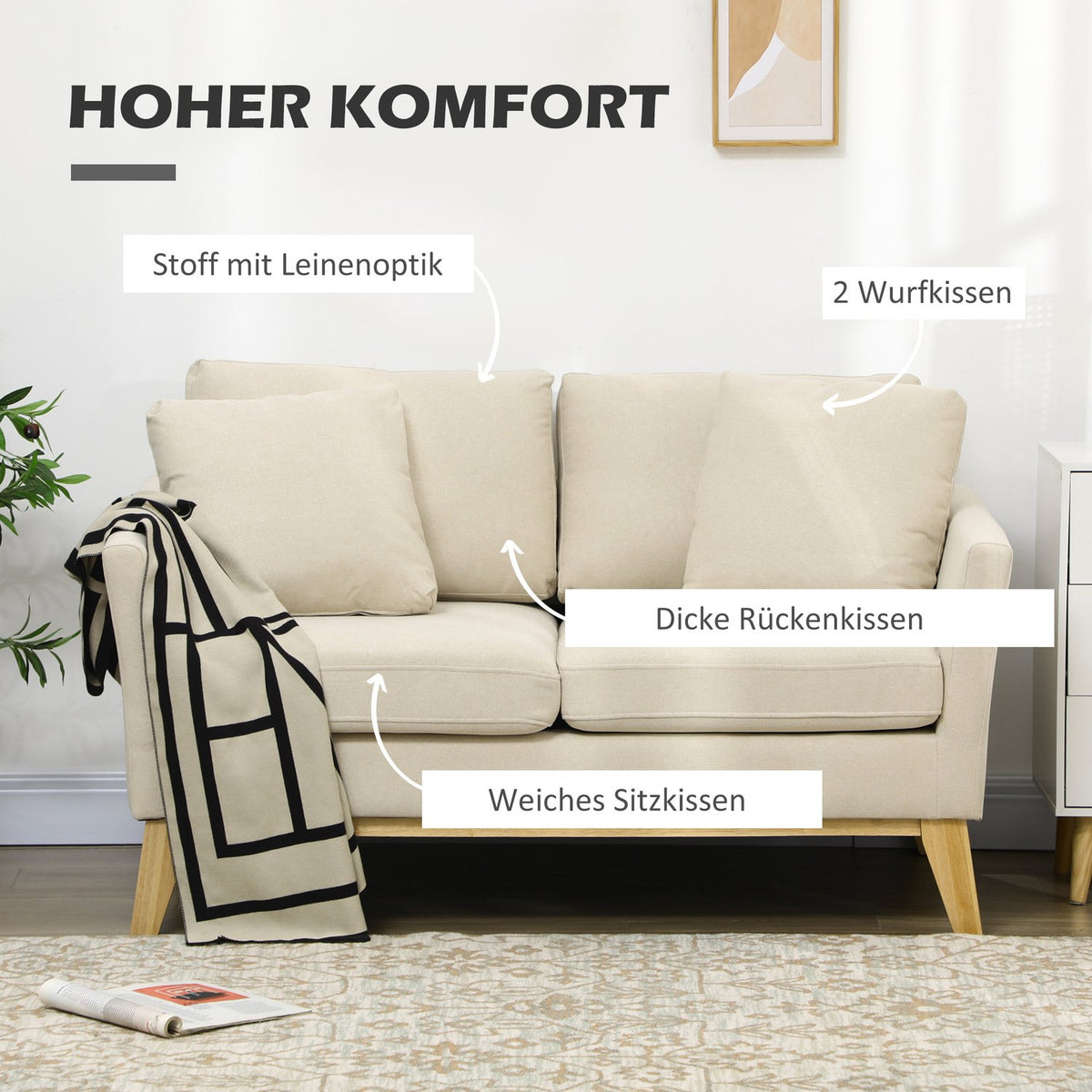 2-Seater Sofa Double Sofa In Linen Look, Two-Seater With Cushions, Loveseat With Wooden Legs, Up To 150 Kg, Beige, 137 X 78 X 78 Cm
