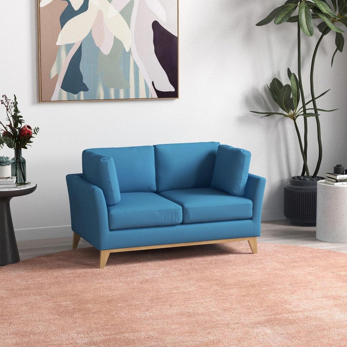 2-Seater Sofa Double Sofa Linen Look Two-Seater Cushion Wooden Legs Up To 150Kg Blue 137X78X78Cm