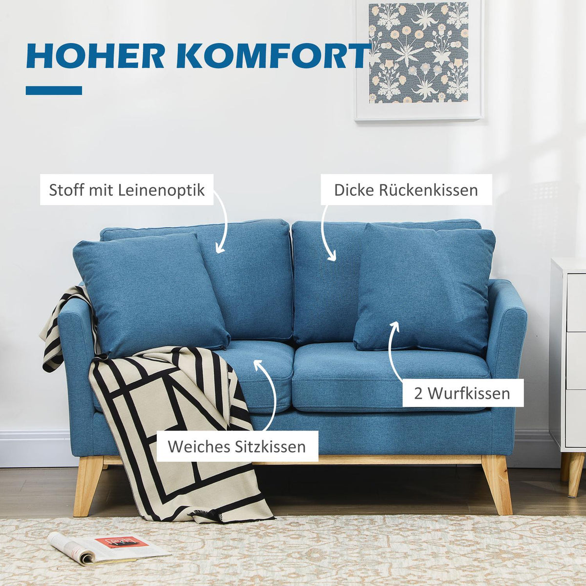 2-Seater Sofa Double Sofa Linen Look Two-Seater Cushion Wooden Legs Up To 150Kg Blue 137X78X78Cm