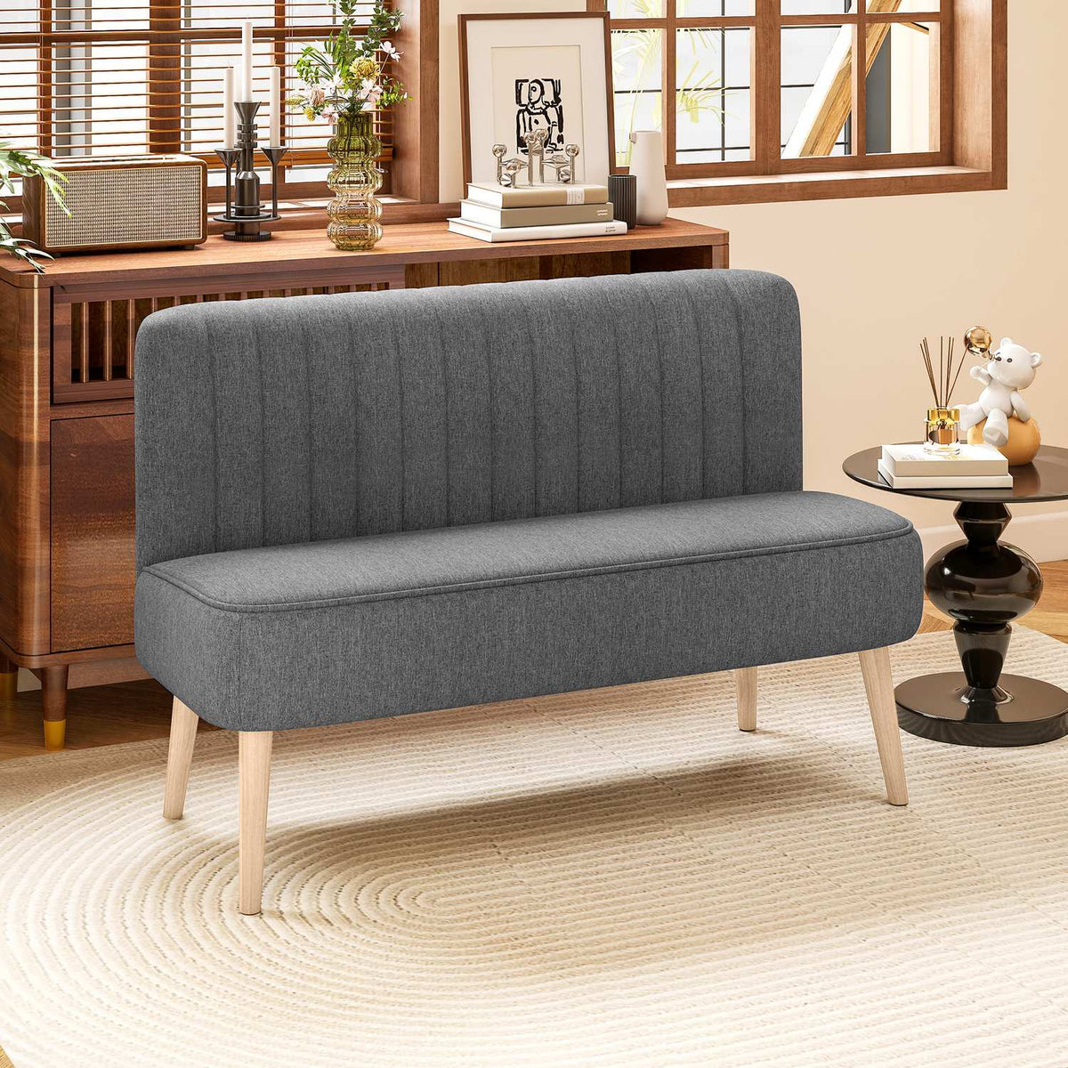 2-Seater Sofa, Linen Look, Wood Frame, 117 cm, Gray