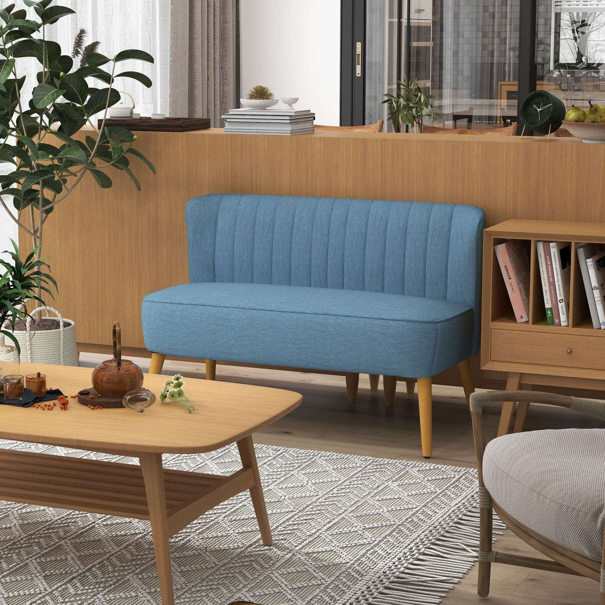 2-Seater Sofa, Loveseat With Linen Look, Double Sofa With Wooden Legs, Load Capacity Up To 150 Kg, Blue, 117 X 56.5 X 77 Cm