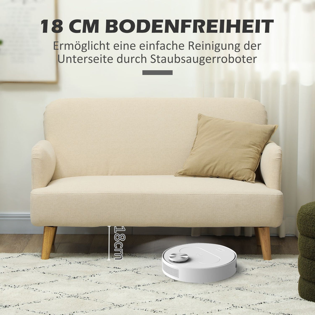 2 Seater Sofa, Small Velvet Look Couch, Wooden Legs, Thick Padded Upholstered Sofa with Armrests for Living Room, Bedroom, 130 x 74 x 79 cm, Cream White