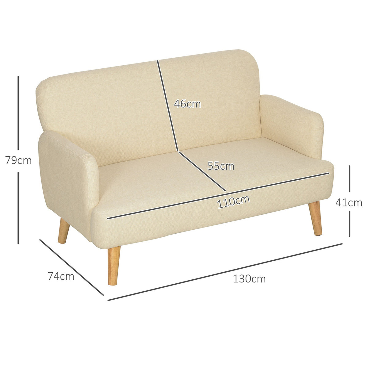 2 Seater Sofa, Small Velvet Look Couch, Wooden Legs, Thick Padded Upholstered Sofa with Armrests for Living Room, Bedroom, 130 x 74 x 79 cm, Cream White