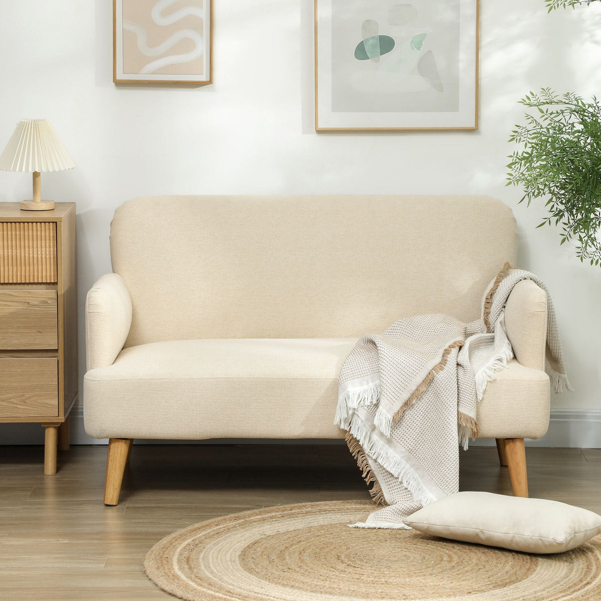 2 Seater Sofa, Small Velvet Look Couch, Wooden Legs, Thick Padded Upholstered Sofa with Armrests for Living Room, Bedroom, 130 x 74 x 79 cm, Cream White